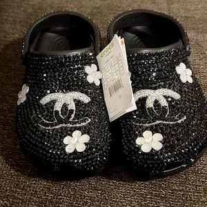 Custom designed logo blinged out Crocs! Black and silver! Handmade.